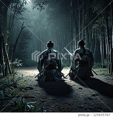 竹藪の中で決闘前の侍 125635707