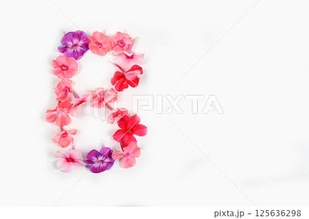 Letter B made from real fresh flowers. Floral font concept. Unique collection of letters and numbers for design. Spring, summer, autumn and valentines, creative idea, selective focus Letter B made from real fresh flowers. Floral font concept. Unique collection of letters and numbers for design. Spring, summer, autumn and valentines, creative idea, selective focus 125636298