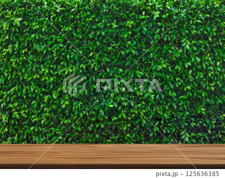 Empty wooden table, green bush background. 125636385