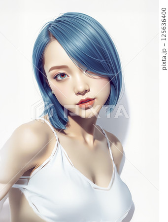 青色の髪の毛の若い女性　下着姿 125636400