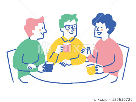 カフェで会話を楽しむ男性3人_色 カフェで会話を楽しむ男性3人_色 125636729