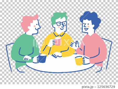 カフェで会話を楽しむ男性3人_色 カフェで会話を楽しむ男性3人_色 125636729