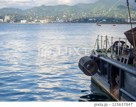 Rubber protecting the pier. Navigation safety concept. Shock-absorbing element 125637847