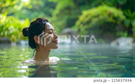 自然に囲まれた露天風呂でくつろぐ女性 125637934