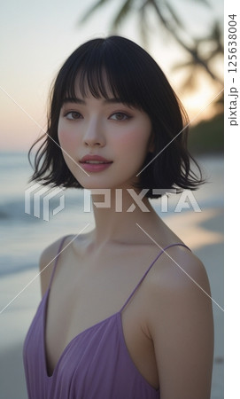 海岸を歩くドレスを着た女性のポートレート 125638004
