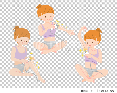 Illustration set of a woman removing unwanted hair with a hair remover 125638159