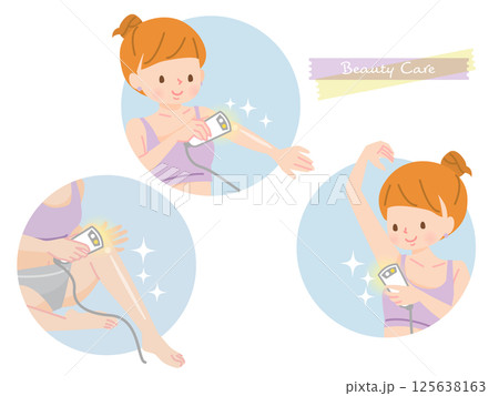 脱毛器でムダ毛の処理をする女性のイラストセット 125638163