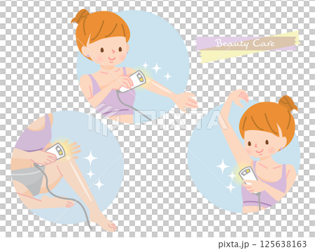 Illustration set of a woman removing unwanted hair with a hair remover 125638163