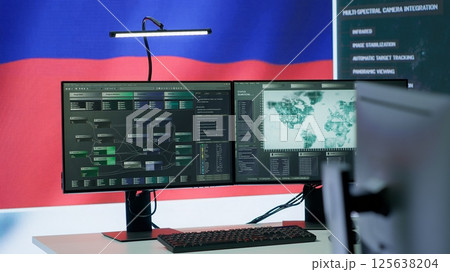 Empty russian military control center with a big screen presenting the national flag, spreading fake news and propaganda to brainwash the people. Inflicting fear among the population. Camera A. 125638204
