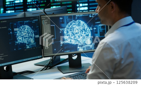 Computer scientist using AI tech on PC to do checkup in server room. IT staff member in data center using artificial intelligence technology to process datasets for training, camera A 125638209