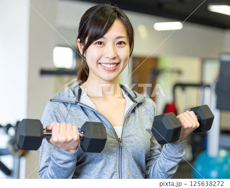 ダンベルでのトレーニングをする女性—筋力向上とボディメイクを目指したアクティブな瞬間 125638272