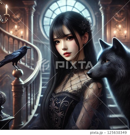 【フォトリアリスティック】魔術的 黒ドレスの女 動物達 螺旋階段 125638349