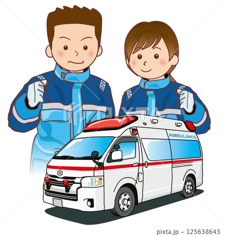 救急車と救急隊員のイラスト 125638643