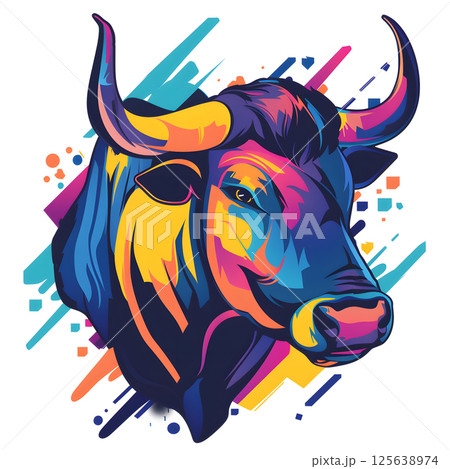 Colorful Abstract Bull Head Illustration on Geometric Background Colorful Abstract Bull Head Illustration on Geometric Background 125638974