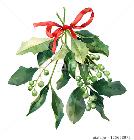 Illustration of mistletoe plant with red ribbon, leaves, and berries 125638975