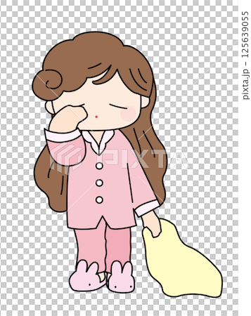 A girl rubbing her eyes sleepily, with color lines 125639055