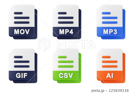 3d file format type icon set bundle mov mp4 mp3 gif csv ai 125639138