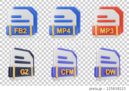 3d file format type icon set bundle fb2 mp4 mp3 gz cfm dw 125639223