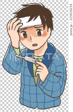 手繪插圖：感冒症狀，男性，發燒 125639259