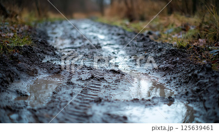 泥濘の道のクローズアップ 泥濘の道のクローズアップ 125639461