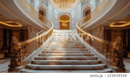 Elegant marble staircase in a luxurious grand hall with ornate details Elegant marble staircase in a luxurious grand hall with ornate details 125639549