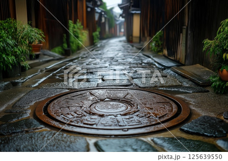 Rain-soaked cobblestone street in a traditional Japanese village at dusk Rain-soaked cobblestone street in a traditional Japanese village at dusk 125639550