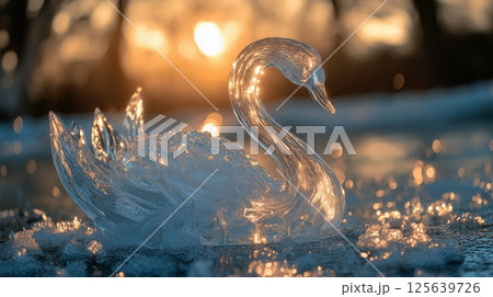 Delicate swan ice sculpture slowly melting under the warm sunset glow 125639726