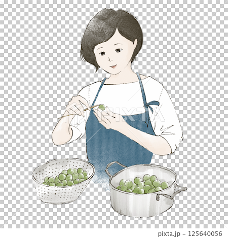 A woman removing the stems from plums A woman removing the stems from plums 125640056