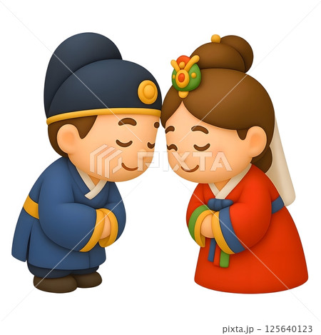 Korean traditional wedding bow cartoon couple in colorful hanbok 125640123