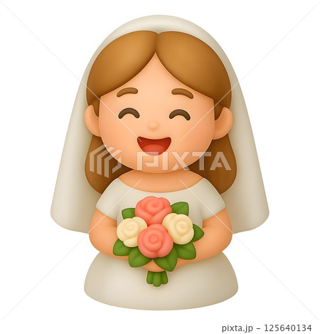 Cheerful Korean bride cartoon with pastel rose bouquet and white veil 125640134