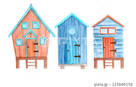 Wooden plank cabin on stilts set isolated on white background. High quality simple structure watercolor illustration perfect for cards, decor, children room design. Cute decorative hut. Blue house red Wooden plank cabin on stilts set isolated on white background. High quality simple structure watercolor illustration perfect for cards, decor, children room design. Cute decorative hut. Blue house red 125640150