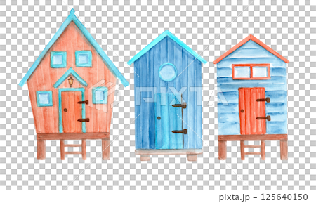 Wooden plank cabin on stilts set isolated on white background. High quality simple structure watercolor illustration perfect for cards, decor, children room design. Cute decorative hut. Blue house red Wooden plank cabin on stilts set isolated on white background. High quality simple structure watercolor illustration perfect for cards, decor, children room design. Cute decorative hut. Blue house red 125640150