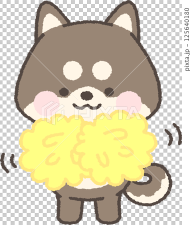 ポンポンを持って応援する黒柴犬 125640180