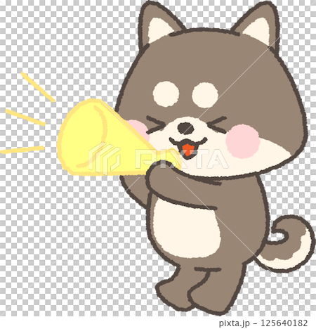 メガホンで応援する黒柴犬 125640182