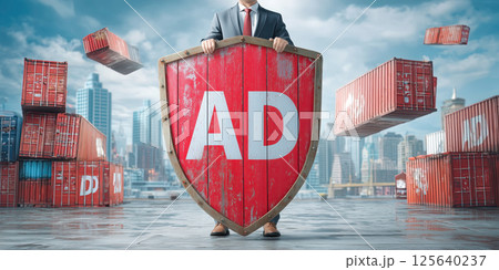 Businessman holding red shield labeled AD blocks falling shipping containers in cityscape 125640237