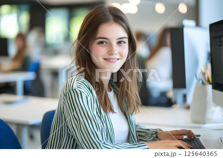 外国人女性の笑顔。明るい教室でパソコン作業をする若い女性のポートレート 125640365