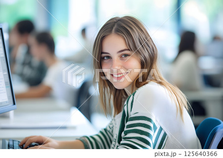 外国人女性の笑顔。明るい教室でパソコン作業をする若い女性のポートレート 125640366