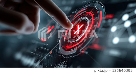 Futuristic finger touch digital screen with red X symbol, technology interface, interactive 125640393