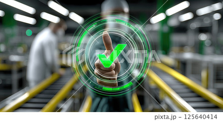 Thumb up digital screen green check approval factory technology success futuristic 125640414