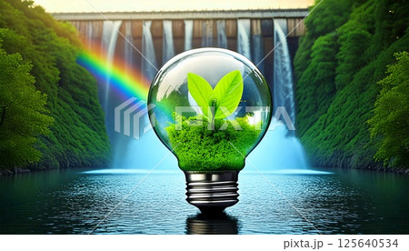 水力発電のダムの放水を背景に、電球の中で揺れる緑の若葉の3DCGイラスト 水力発電のダムの放水を背景に、電球の中で揺れる緑の若葉の3DCGイラスト 125640534