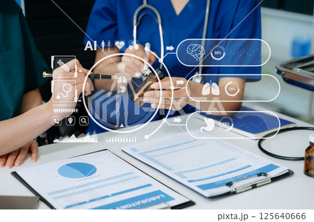 Medical technology, doctor use AI robots for diagnosis and increasing accuracy patient treatment in future. Medical technology, doctor use AI robots for diagnosis and increasing accuracy patient treatment in future. 125640666