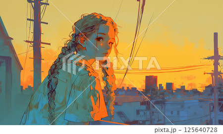 夕暮れの街並みと若い女性 125640728