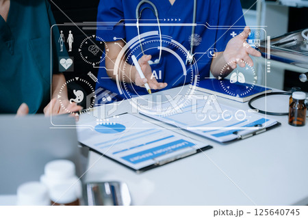Medical technology, doctor use AI robots for diagnosis and increasing accuracy patient treatment in future. Medical technology, doctor use AI robots for diagnosis and increasing accuracy patient treatment in future. 125640745