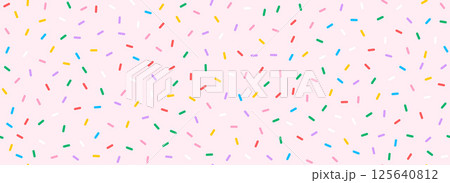 Colorful donut sprinkles seamless pattern. Pink candy cream background. Cake glaze icing overlay for decorative banner, poster, template. Cupcake or ice cream topping texture. Vector wallpaper 125640812