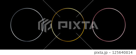 Gold and silver circle thin frame set. Shiny metallic foil circle border collection. Golden glowing boarder bundle in art deco style. Linear round element pack for photo, cadre, card, emblem. Vector  125640814