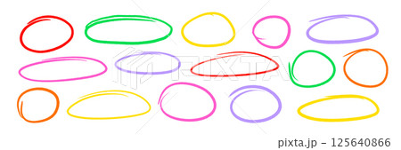 Color pencil circle scribble frame set. Handwritten color brush marker, crayon pencil scribble stroke line doodle childish oval frame. Grunge brush ellipse frame round highlight. Vector 125640866