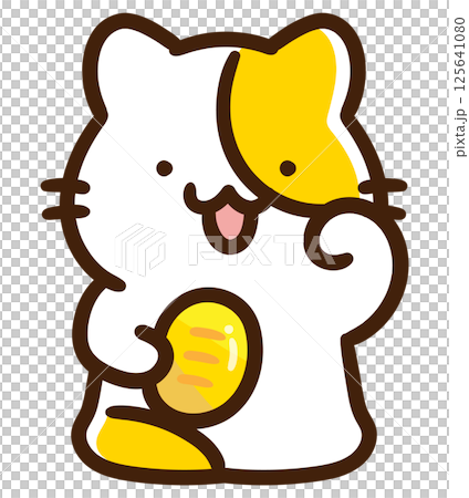 一手拿著金幣、扮成招財貓的可愛貓咪的變形插圖 一手拿著金幣、扮成招財貓的可愛貓咪的變形插圖 125641080