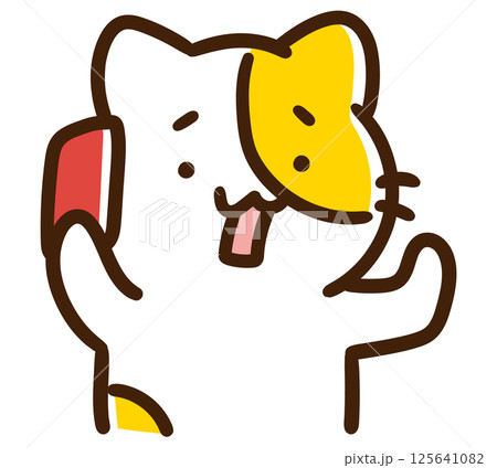 困った事態をスマホで相談するかわいいねこのキャラクターの上半身イラスト 125641082
