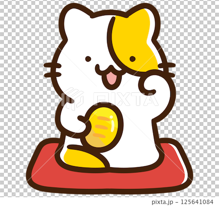 A deformed illustration of a cute cat character sitting on a red cushion and posing like a beckoning cat with a gold coin in one hand A deformed illustration of a cute cat character sitting on a red cushion and posing like a beckoning cat with a gold coin in one hand 125641084