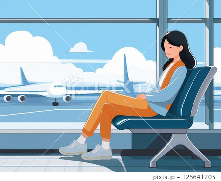 空港のベンチで寝ている女性 空港のベンチで寝ている女性 125641205